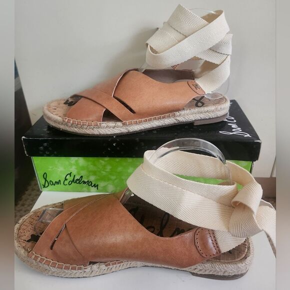 NWB Sam Edelman "Alisha" Tan Leather Flat Lace-Up Espadrille Sandals Sz.8 $158 - Picture 1 of 11
